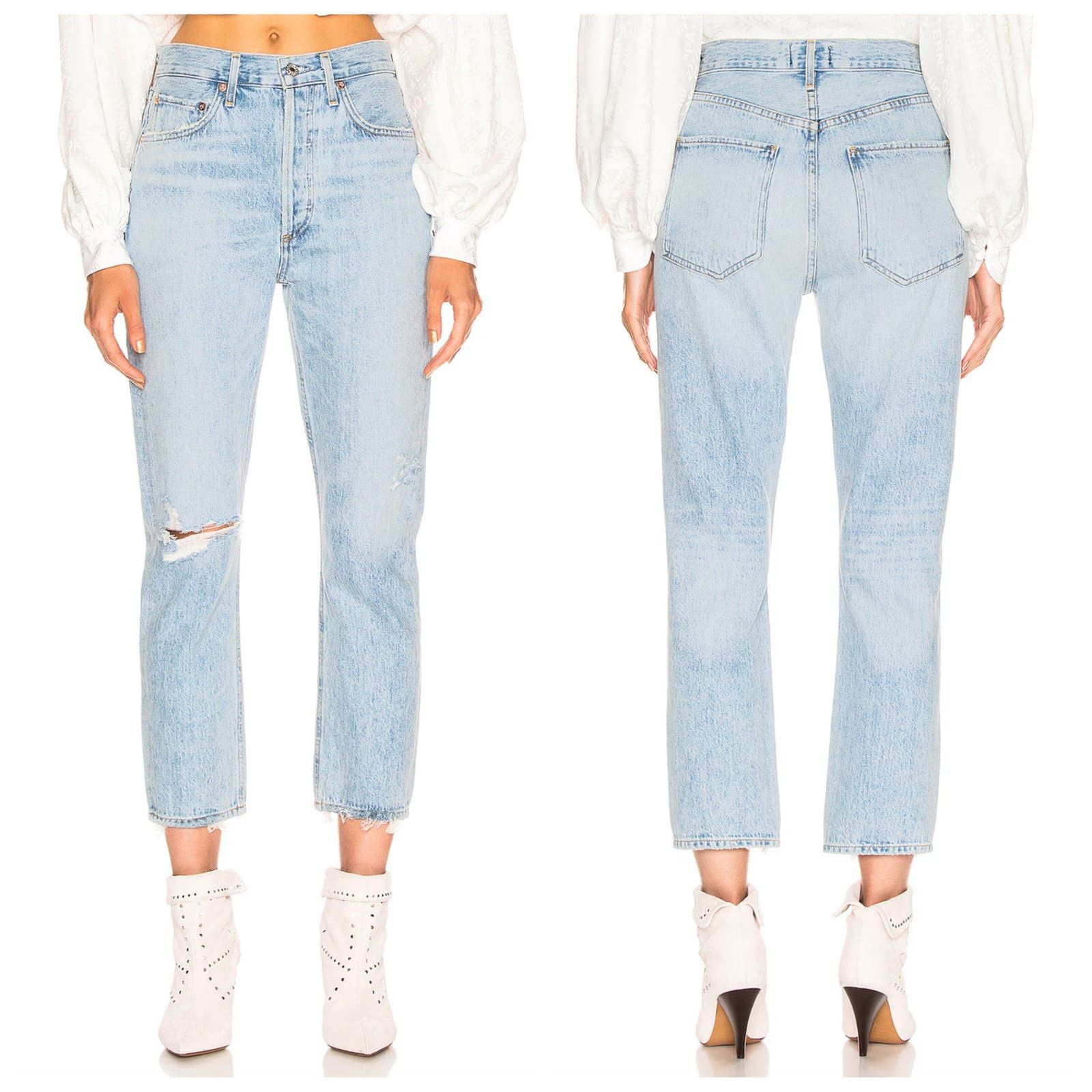 image of Agolde Riley High Rise Straight Crop Jean Shatter Distressed in Blue, Women's (Size 26)