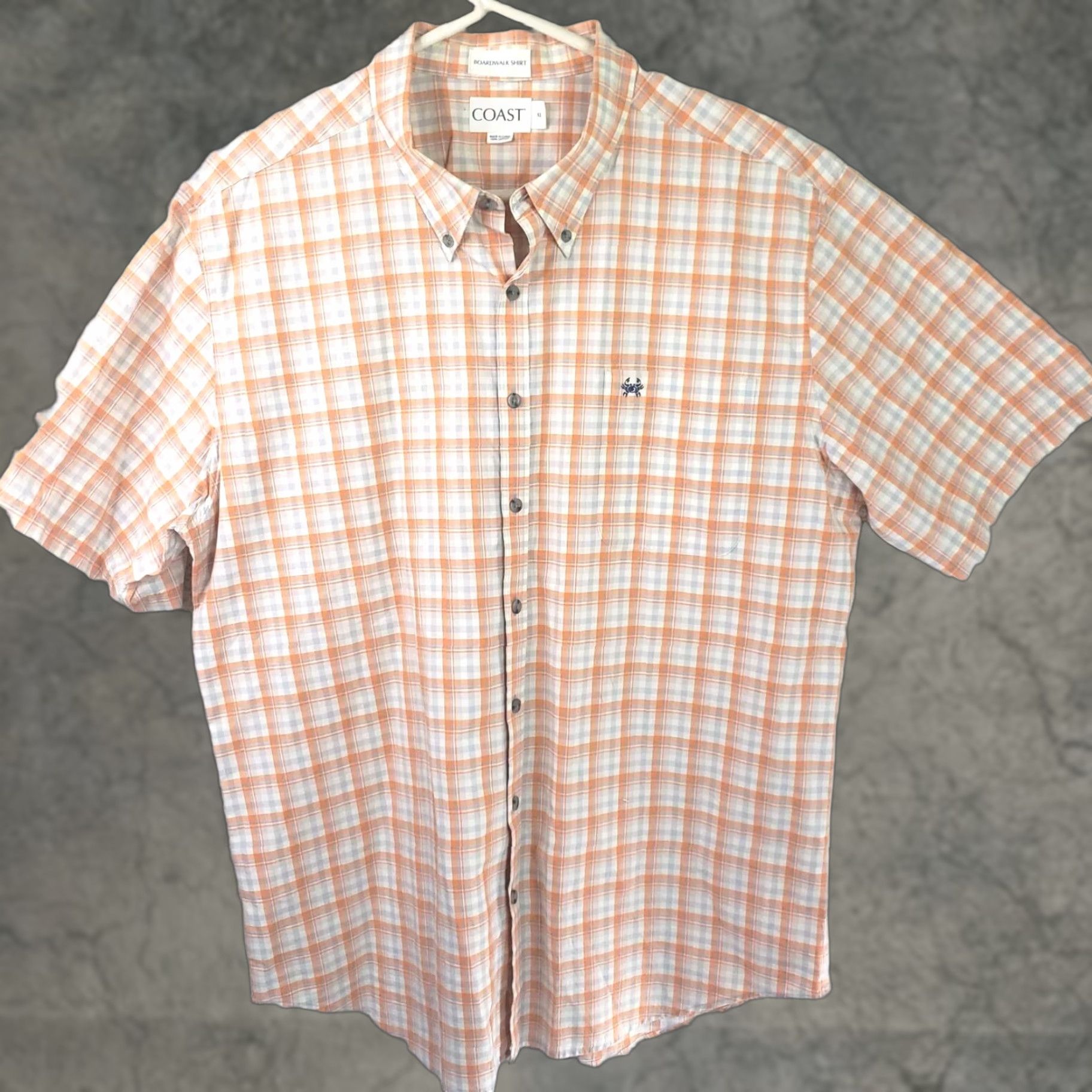 Vintage Coast Shirt Mens XL Orange White Plaid Button-Up Short Sleeve Coastal Boardwalk Crab Logo Pocketed Breathable Cotton Blend Regular Fit Size US XL / EU 56 / 4 - 1 Thumbnail