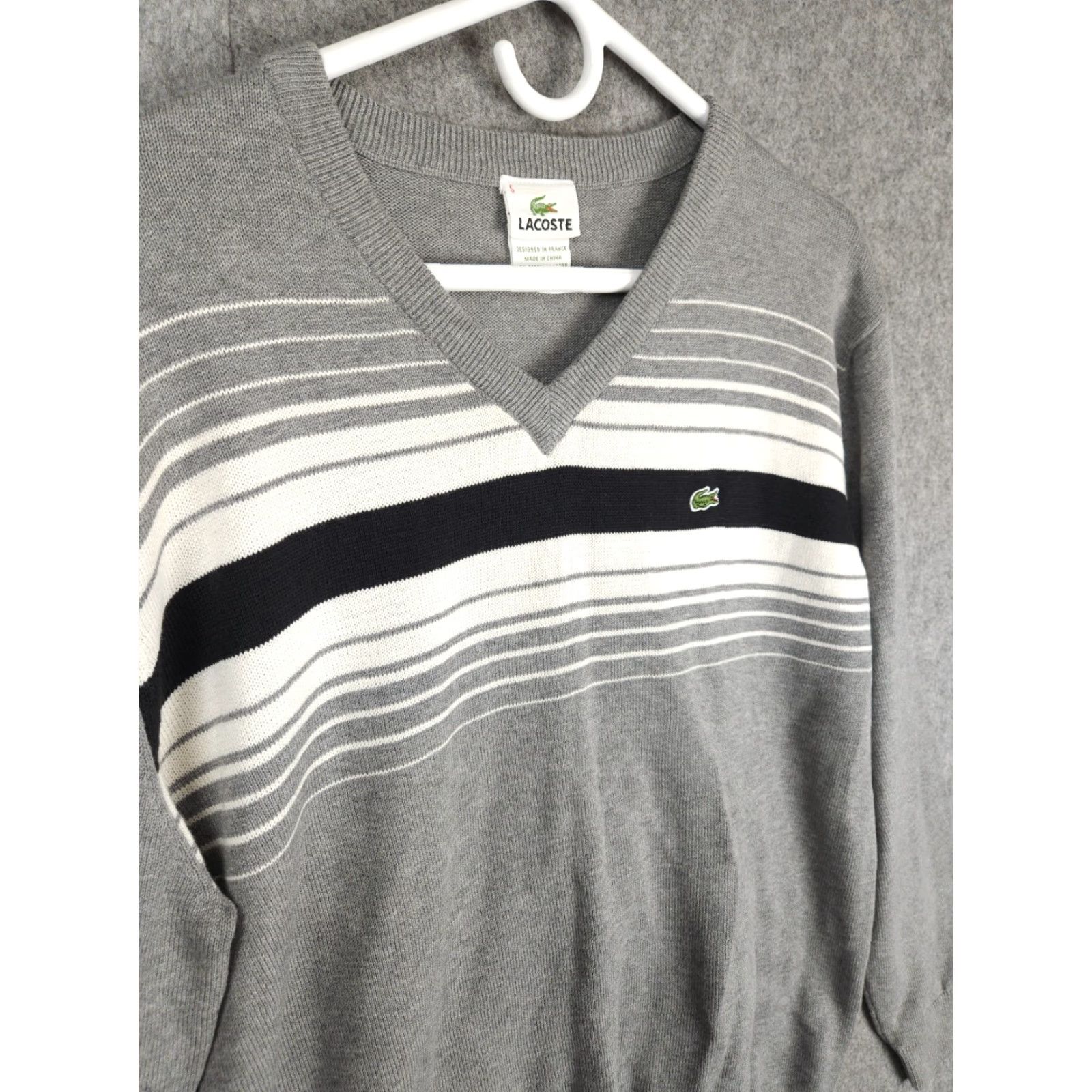 Lacoste Lacoste Sweater Men 5 Gray Striped V-Neck Wool Cotton Blend Pullover Knit Long Sleeve Regular Knit Logo Winter Spring Fall Size US S / EU 44-46 / 1 - 2 Thumbnail