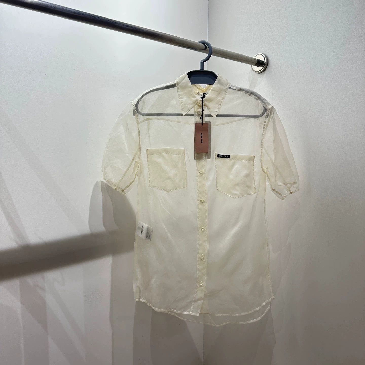 Miu Miu Miu Miu mar635 sheer logo silk short sleeve shirt 36 Size XS / US 0-2 / IT 36-38 - 1 Thumbnail