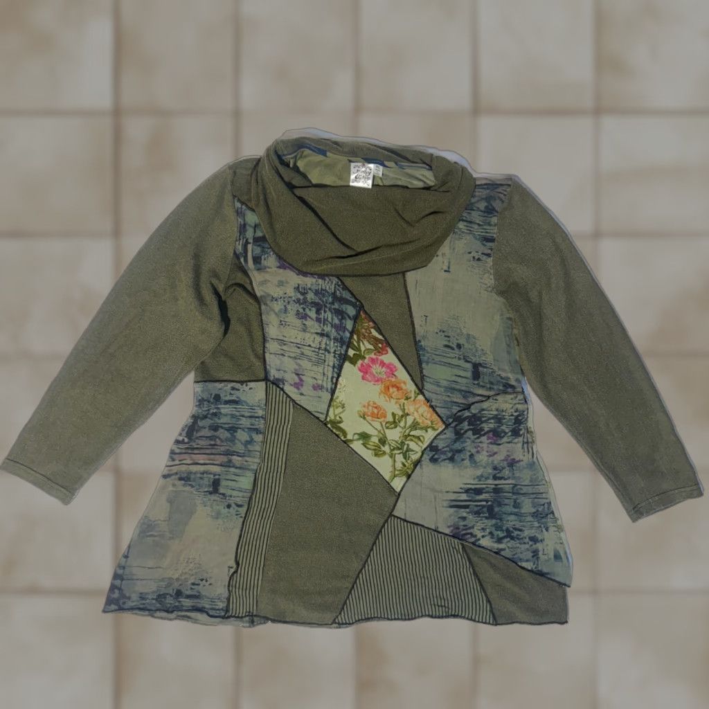 Olive Parsley & Sage Olive Patchwork Cowl Neck Tunic XL Bohemian Artsy Lagenlook Size XL / US 12-14 / IT 48-50 - 1 Thumbnail
