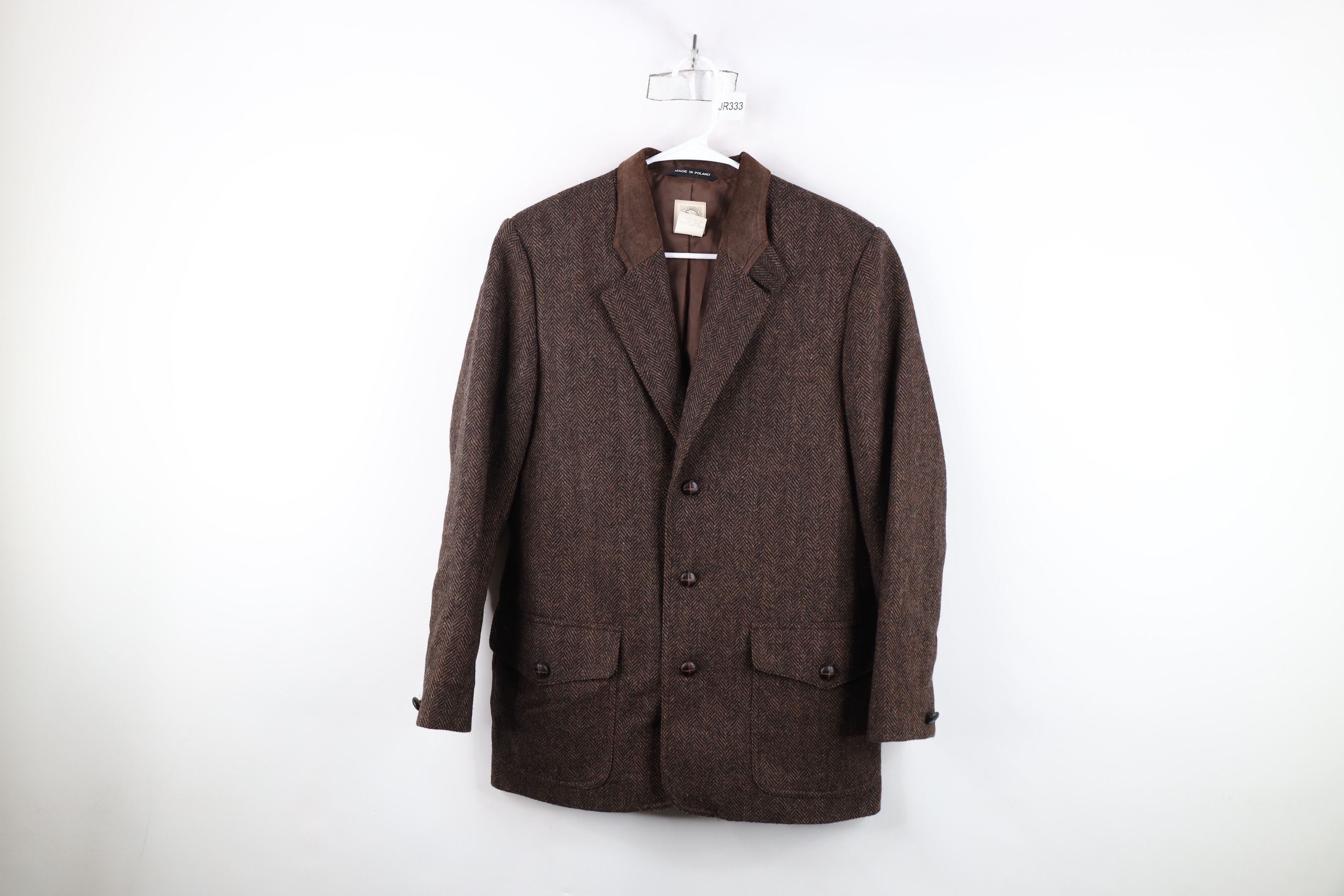 Vintage Vintage 90s Trim Wool Herringbone Blazer Jacket Brown USA Size L / US 10 / IT 46 - 1 Thumbnail