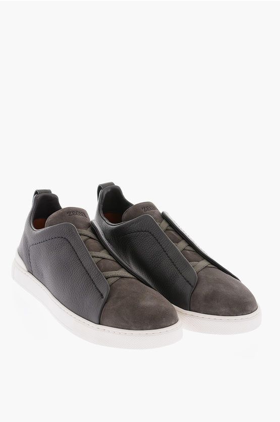 image of Ermenegildo Zegna Textured And Suede Leather Triple Stitch Sneakers in Grey, Men's (Size 11)