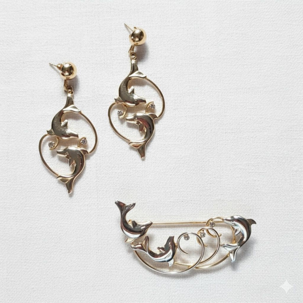 Other Dolphin Earrings & Brooch NEW Vintage 14k Gold Plated Size ONE SIZE - 1 Thumbnail