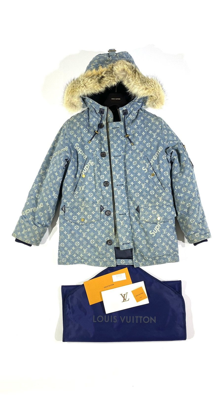 Louis Vuitton × Supreme Louis Vuitton X Supreme 46 Parka Denim Blue Monogram Size US S / EU 44-46 / 1 - 1 Thumbnail