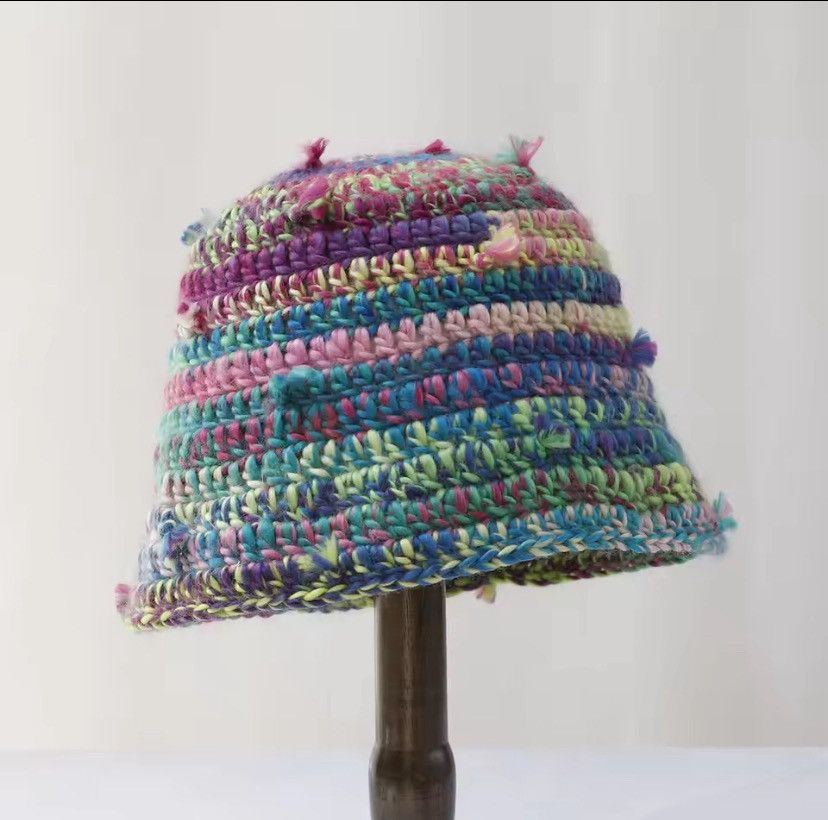 Japanese Brand Retro Color-blocked Striped Woolen Hand-knitted Bucket Hat Size ONE SIZE - 5 Thumbnail