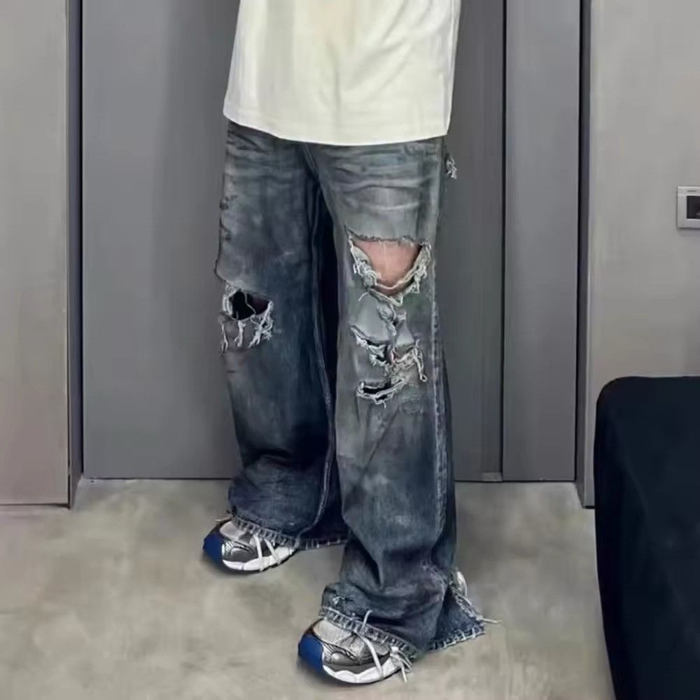 Japanese Brand × Vintage Frayed Damaged Hole Baggy Wide Leg Jean Size US 30 / EU 46 - 1 Thumbnail