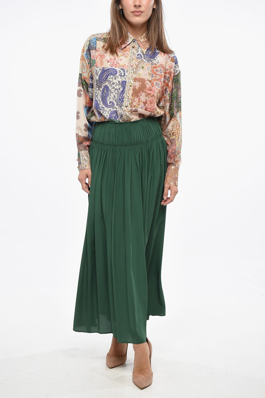 Chloe og1mm1125 Silk Pleated Flared Maxi Skirt in Green Size 26" / US 2 / IT 38 - 4 Thumbnail