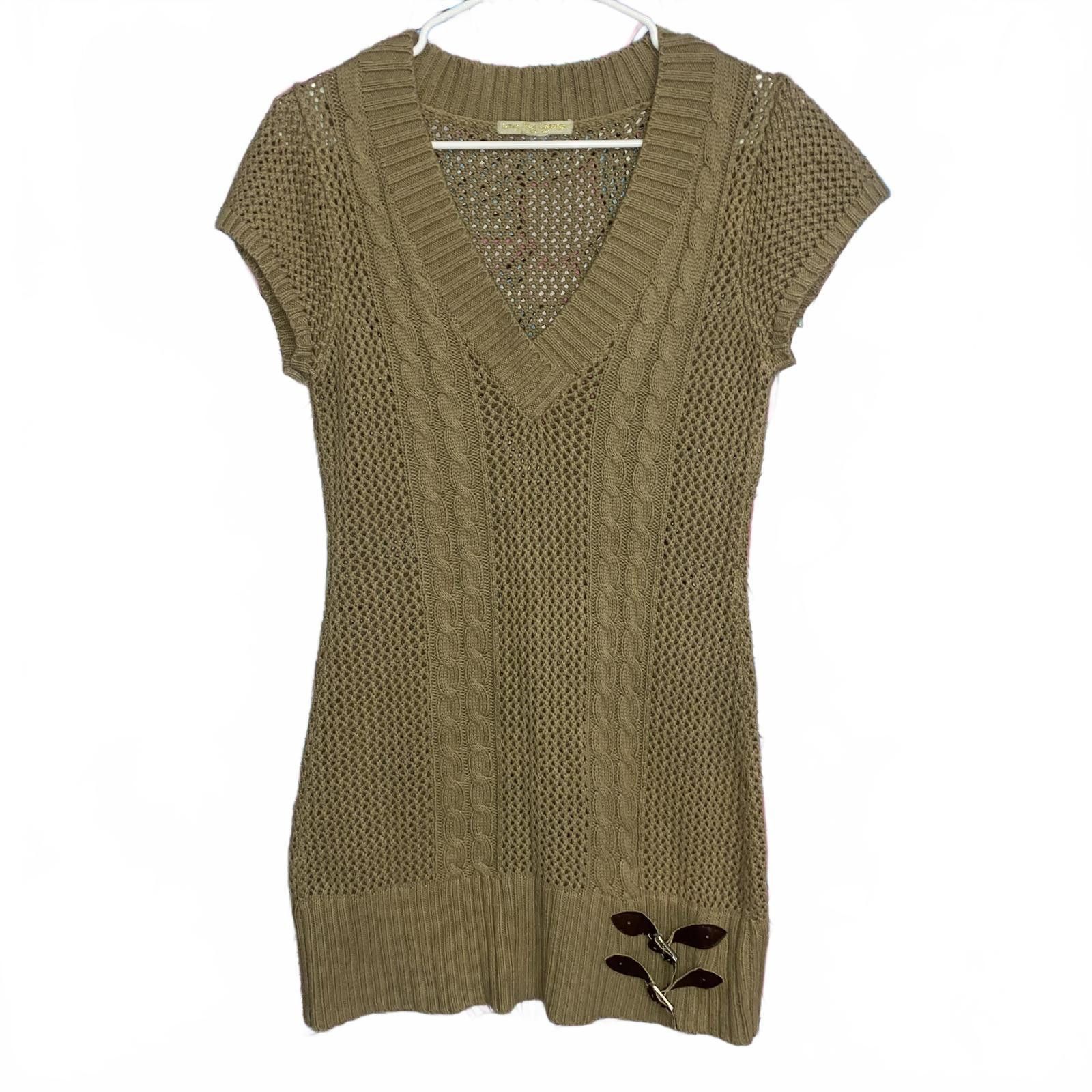 Designer Vintage Y2k Crochet Knit Tan Mini Dress Size S / US 4 / IT 40 - 1 Thumbnail