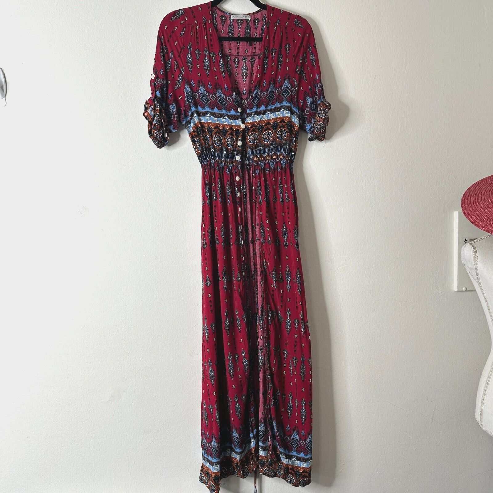 Other R. Vivimos VNeck Button Front Paisley Dress Red Blue Multi S Size S / US 4 / IT 40 - 1 Thumbnail