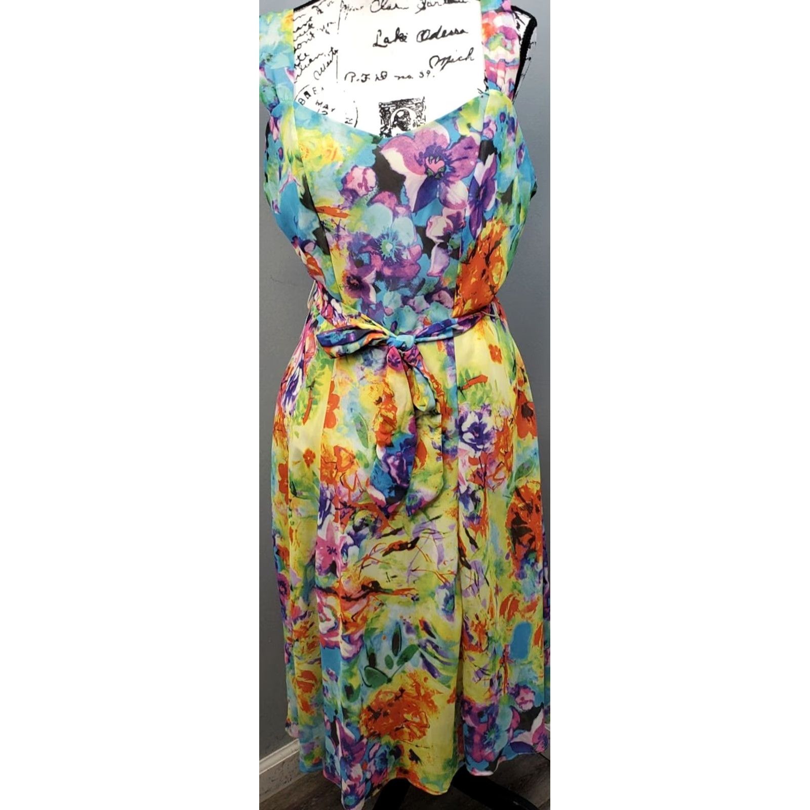 Vintage Robbie Bee Fit & Flare Dress Womens 12 Multi Tie Dye Floral Sweetheart Tie Waist Dress Size XL / US 12-14 / IT 48-50 - 2 Thumbnail