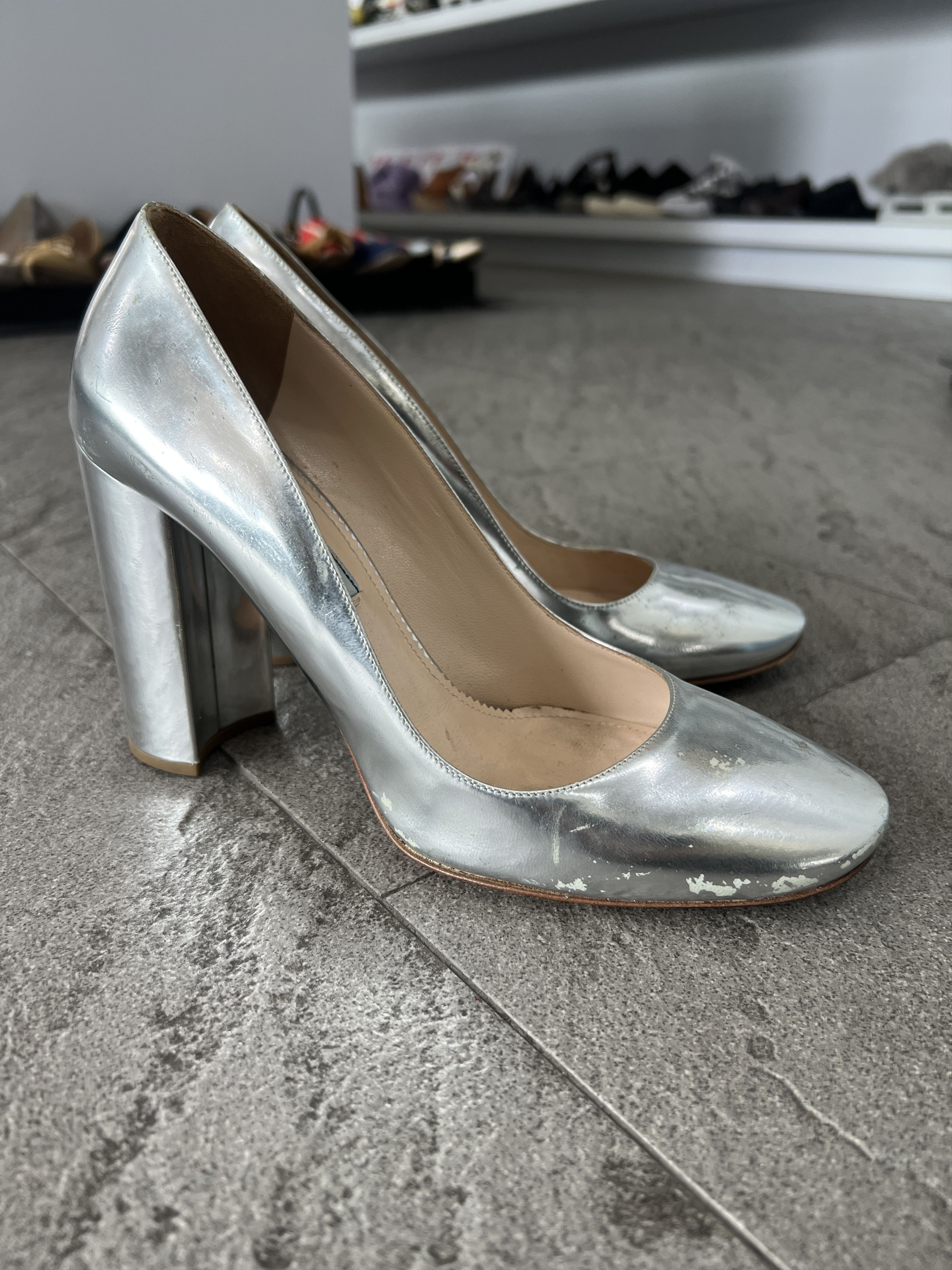 Prada Prada Silver Metallic Block Heel Pumps EU38 Size US 8 / IT 38 - 2 Thumbnail