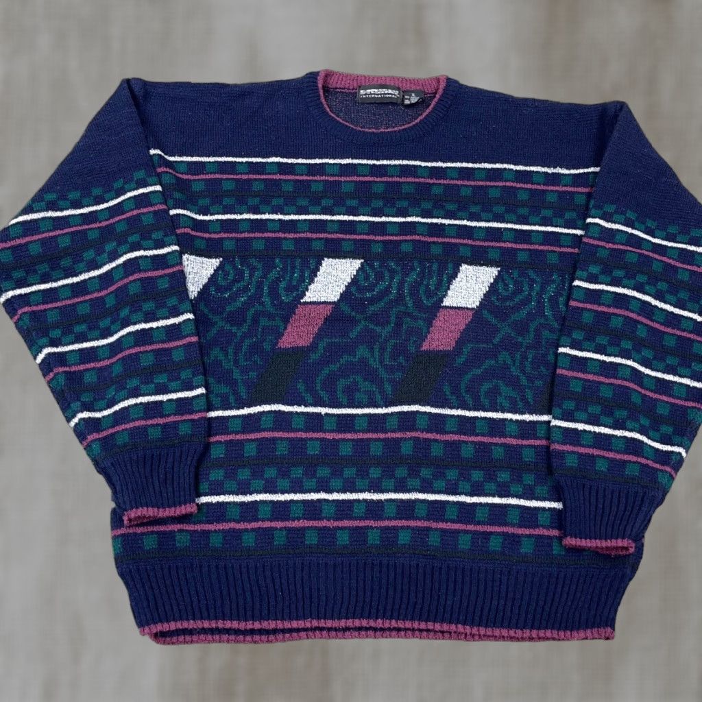 Vintage VINTAGE Expressions Grandpa Sweater Men XL Purple Pink Geometric Knit Pullover 80s 90s Casual Golf Winter Size US XL / EU 56 / 4 - 1 Thumbnail