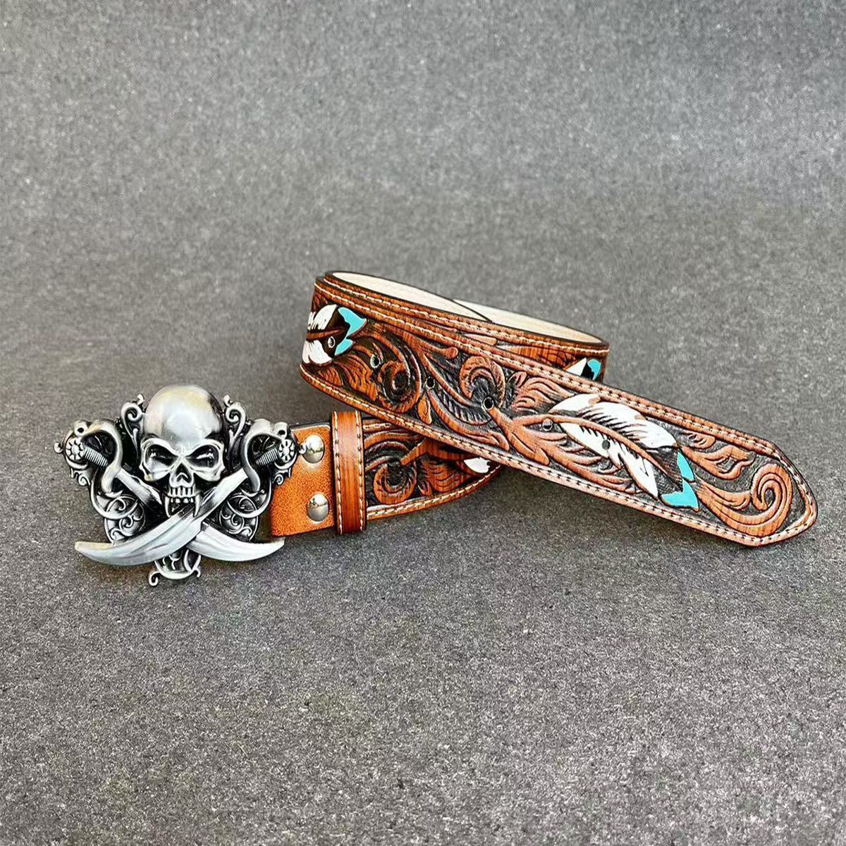 Designer Skull Vintage Belt Riveted Belts Menswear Accessories Size ONE SIZE - 4 Thumbnail