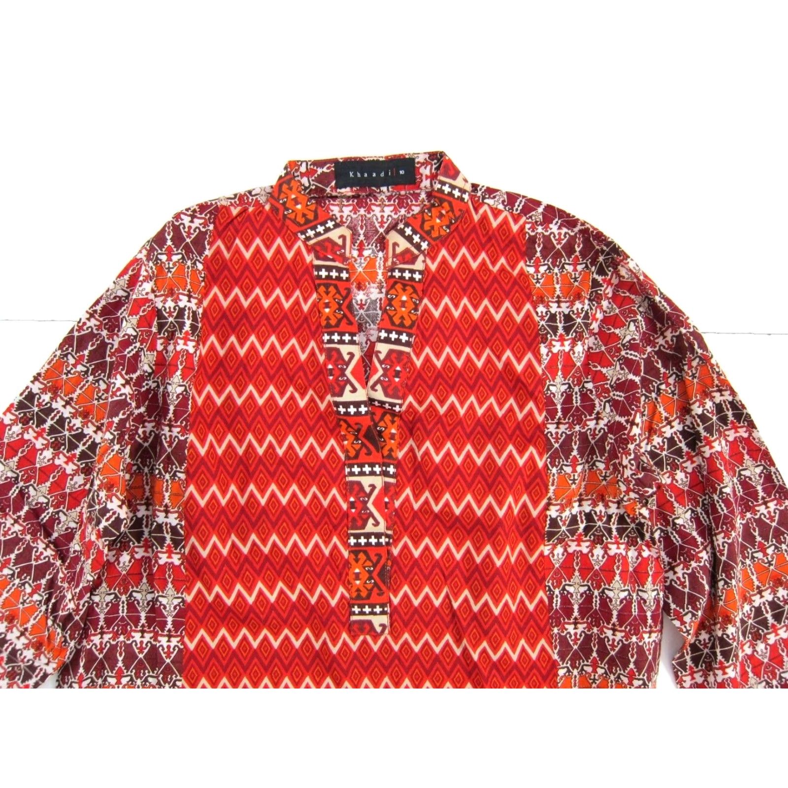 Vintage Khaadi 100% Cotton Batik Long Sleeve Midi Kurta Dress Women 10 Red Orange White Vel? Size L / US 10 / IT 46 - 4 Thumbnail