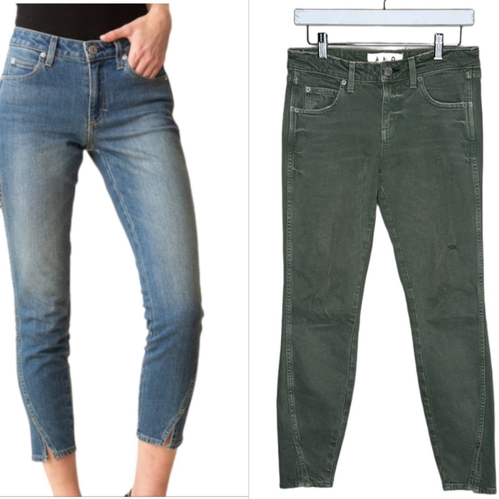 image of Amo Denim x One Of A Kind Amo Twist Mid-Rise Ankle Distressed Crop Jeans Green 30 Ooak, Women's