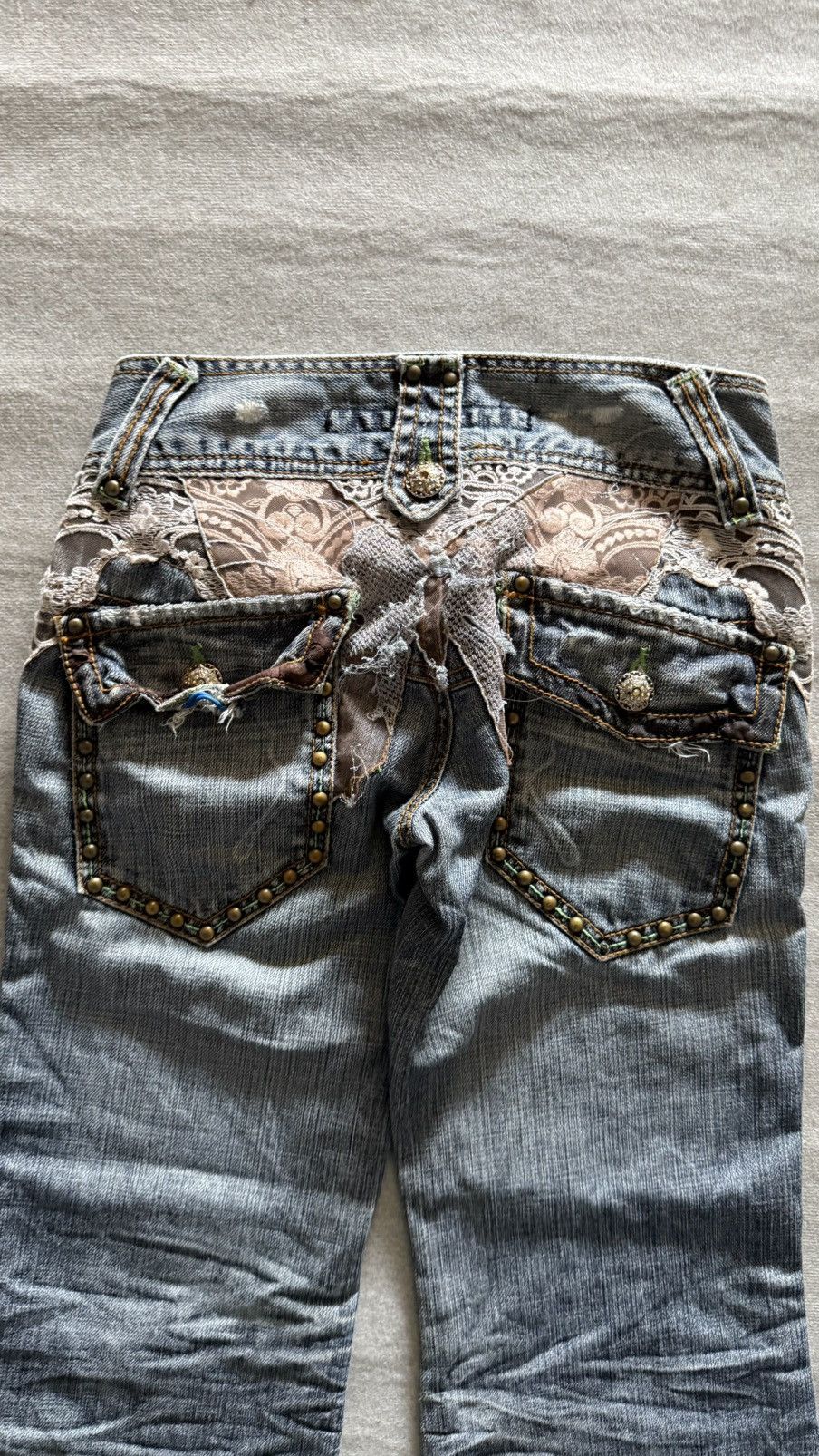 Japanese Brand Perfume by COOLA Distress Flare Denim Jeans Lace Patchwk Y2K Size 27" / US 4 / IT 40 - 2 Thumbnail