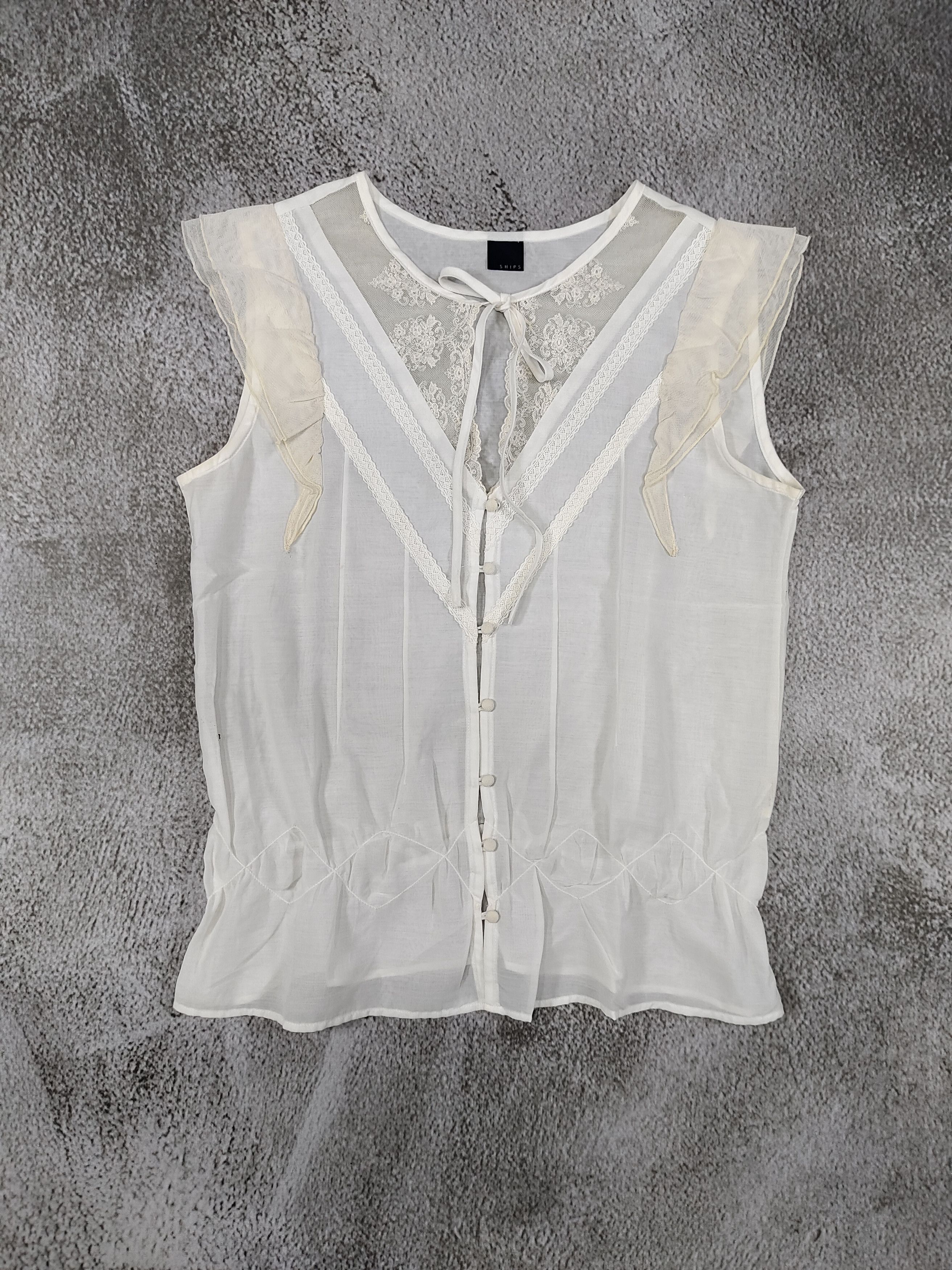 SHIPS 2000s Ships🇯🇵 Lace Panel Pintuck Ribbon Tie Neck Peplum Size M / US 6-8 / IT 42-44 - 5 Thumbnail