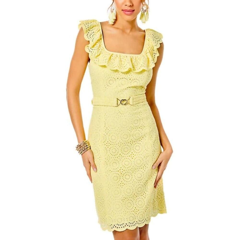 Image of Lilly Pulitzer Lily Pulitzer Ryann Sheath Eyelet Yellow Creme Fraiche 2, Women's (Size XS)