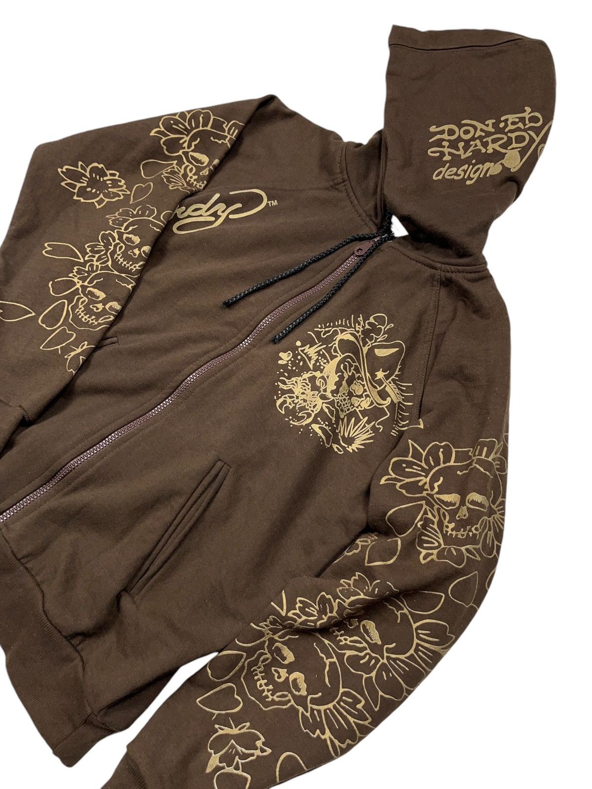 Christian Audigier × Ed Hardy × Vintage Vintage y2k Ed Hardy Brown Zip Hoodie with Rhinestones Size S / US 4 / IT 40 - 3 Thumbnail