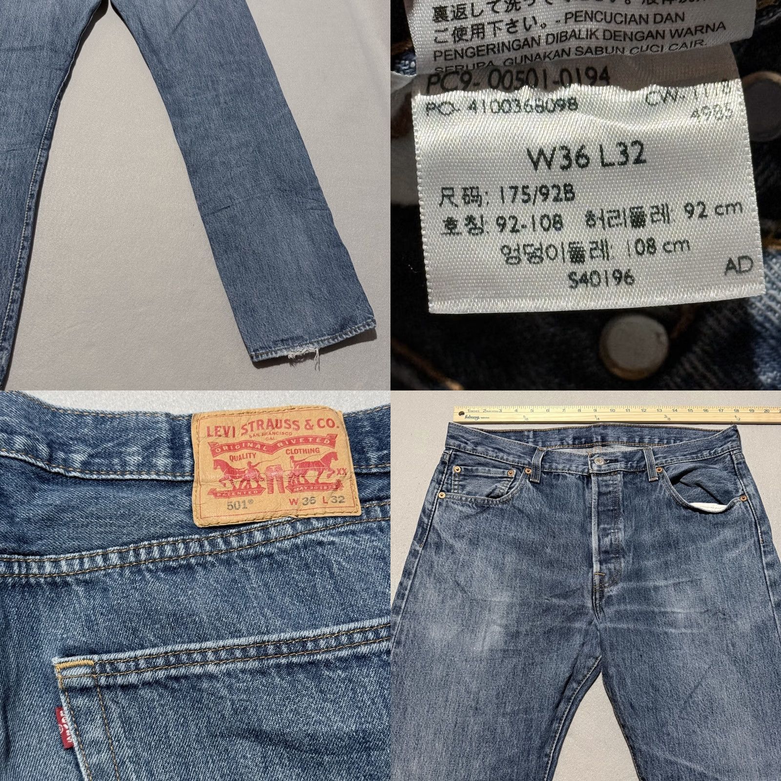 Levi's Levi's 501 Jeans Blue Denim Classic Straight Button Fly Distressed Faded 36X32 Size US 36 / EU 52 - 8 Thumbnail