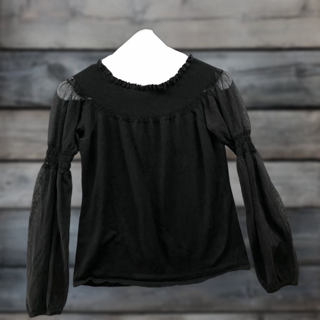 Elie Tahari Elie Tahari Merino Wool Sweater Women M Black Pullover Knit Long Sleeve Off-Shoulder Cinch Bubble Sleeves Womens Size M / US 6-8 / IT 42-44 - 1 Thumbnail