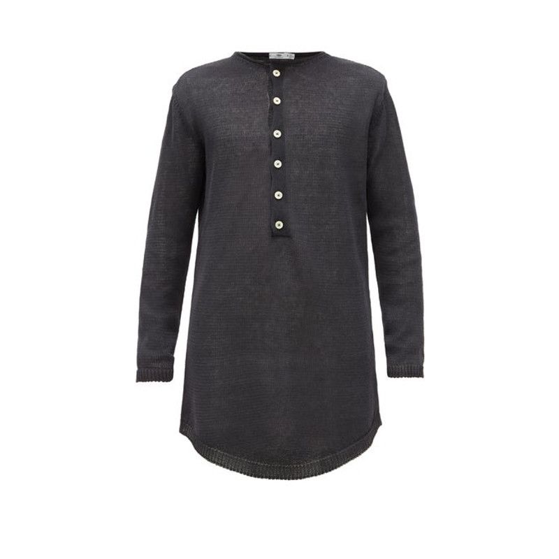 image of Inis Meain Linen Half-Buttoned Tunic Henley Dark Gray - XL NWT $545 in Grey, Men's