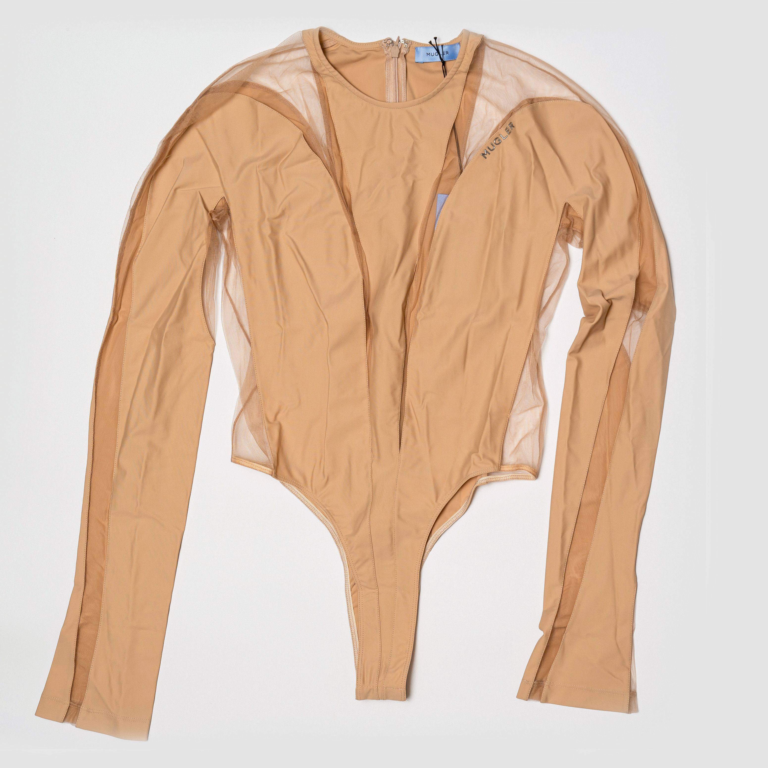 Mugler 44 XXL Mugler Long-Sleeve Sheer Panel Bodysuit Beige Nude 01 Size XXL / US 16-18 / IT 52-54 - 2 Thumbnail