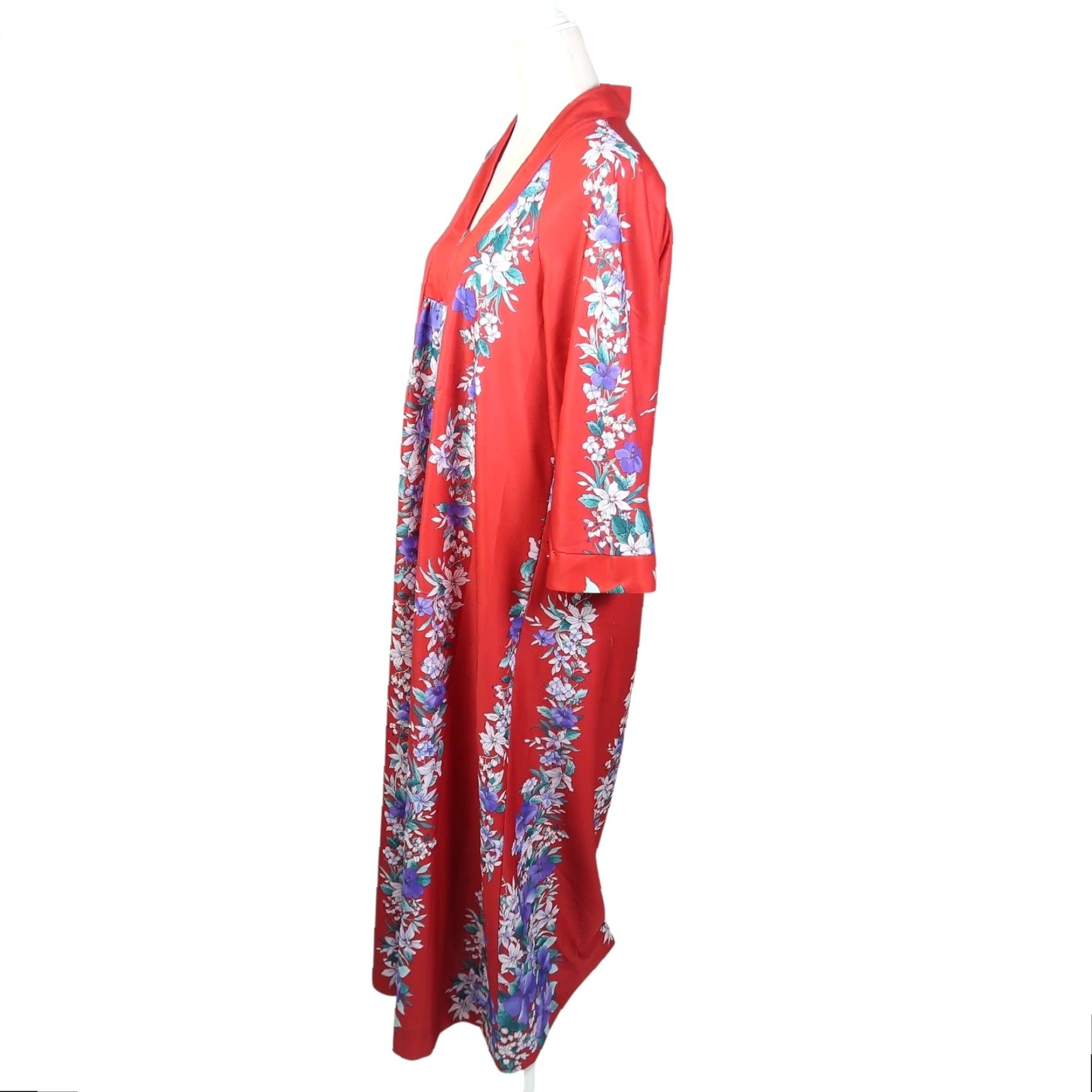 Vintage VINTAGE 70s Red Tropical Floral Zip Front Dressing Gown Muumuu Maxi Dress Robe M Dress Women Bohemian Pattern Floral Zip Front Royalty Size M / US 6-8 / IT 42-44 - 3 Thumbnail