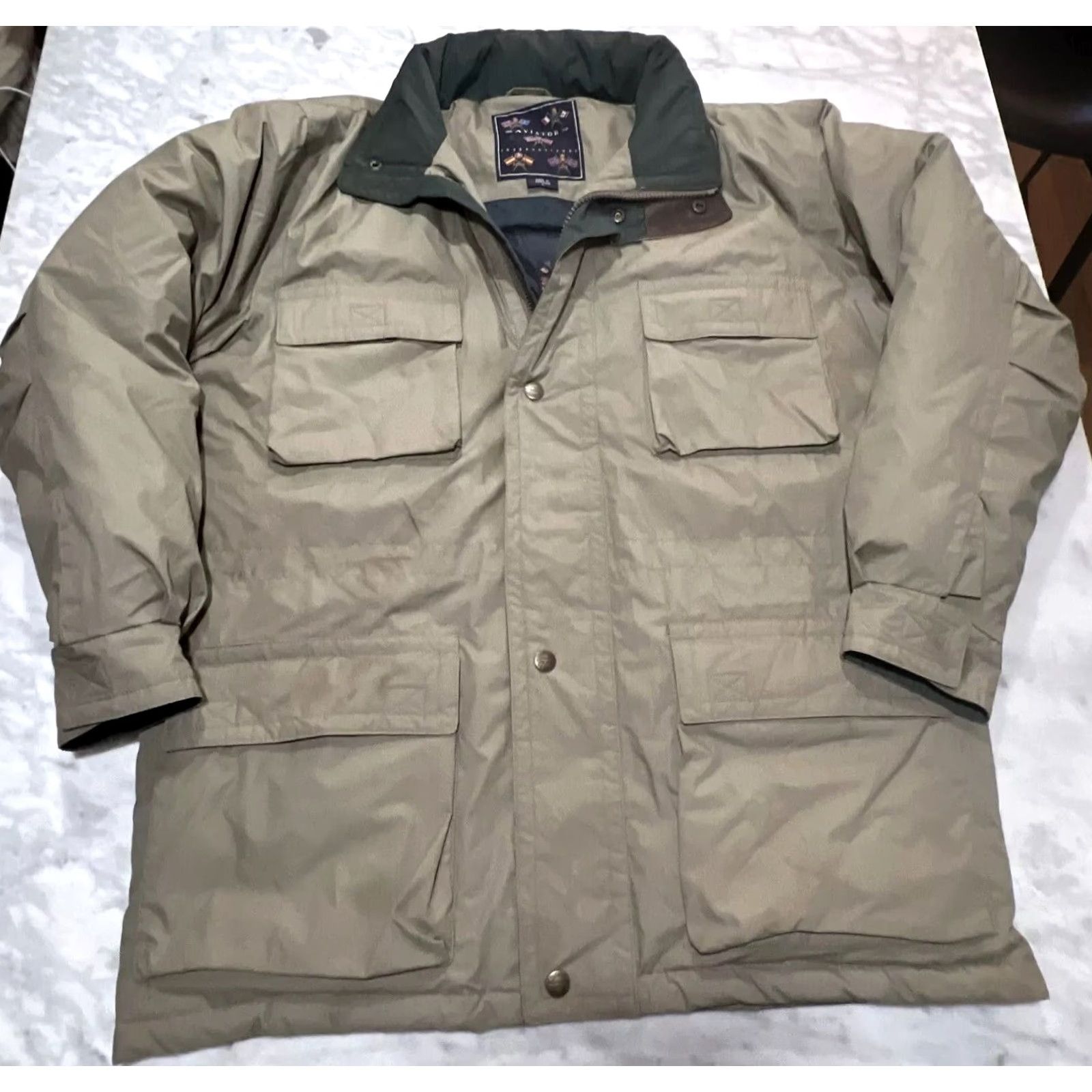 Vintage Aviator International Jacket Mens XL Winter Down Filled Hood Shell Cotton Polyester Khaki Bomber Jacket Regular Fit Mid-Length Zip Front Size US XL / EU 56 / 4 - 3 Thumbnail