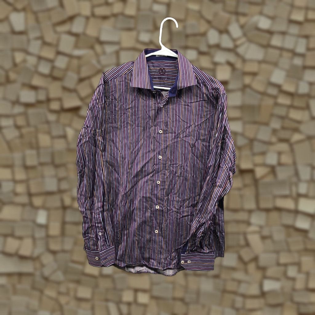 BUGATCHI Bugatchi Uomo Shirt L Mens Purple Striped Long Sleeve Spread Collar Shirt Size US L / EU 52-54 / 3 - 1 Thumbnail