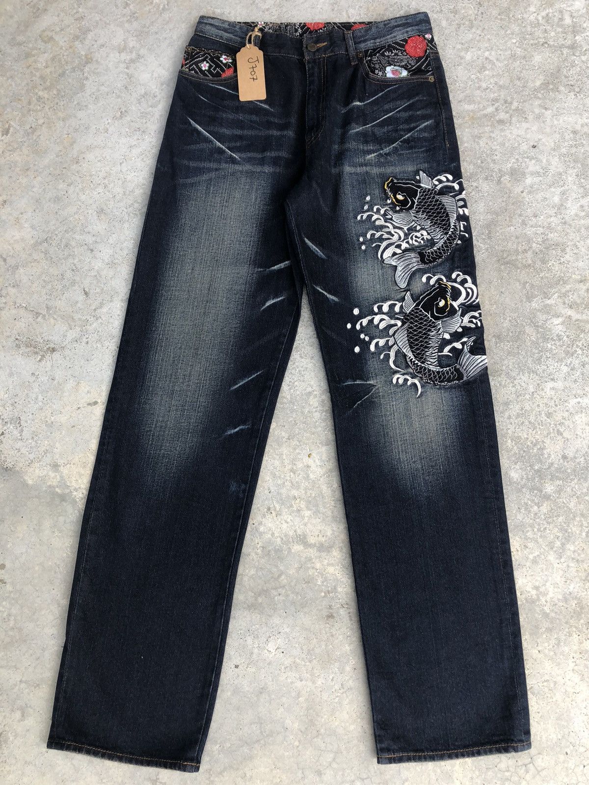 Japanese Brand Japanese Dominate Fish Koi Embroidered Jeans Distressed Size US 31 - 1 Thumbnail