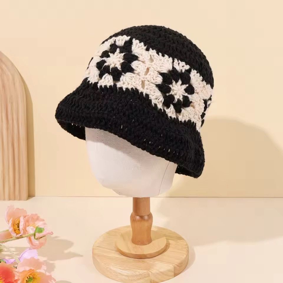 Handmade Retro Splicing Knitted Striped Hollow Bucket Hat Size ONE SIZE - 5 Thumbnail