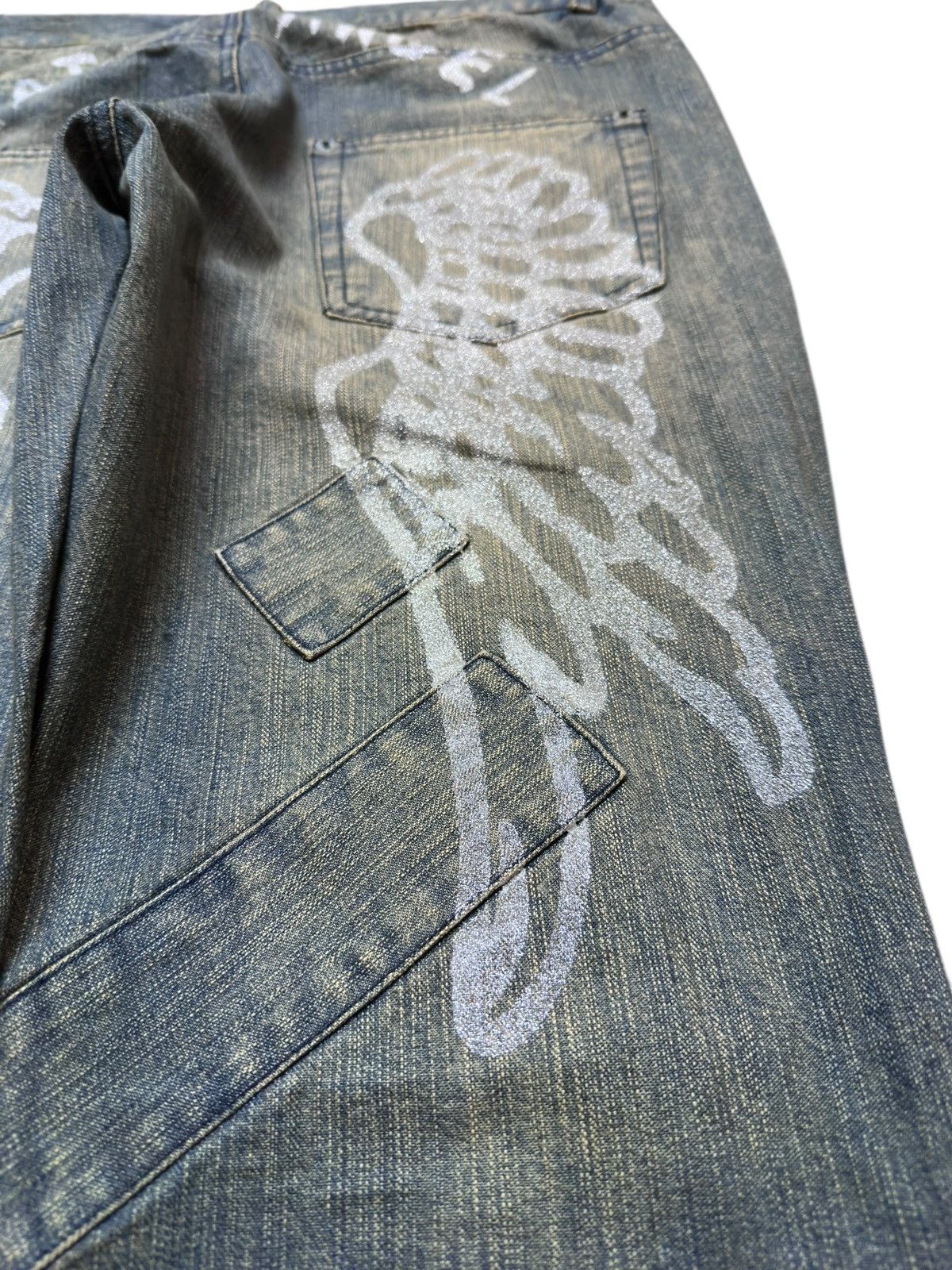 If Six Was Nine Vintage Lav Flare Satan Angel Printed Mudwash Denim Size US 33 - 9 Thumbnail