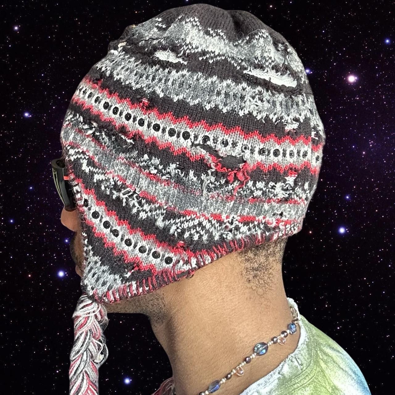 Vintage ASTROBOI* Black Sequin Fair Isle Braided Grunge Trapper Hat Size ONE SIZE - 3 Thumbnail