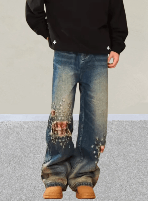 Japanese Brand Streetwear Plaid Patchwork Baggy Stacked Jeans Size US 30 / EU 46 - 4 Thumbnail