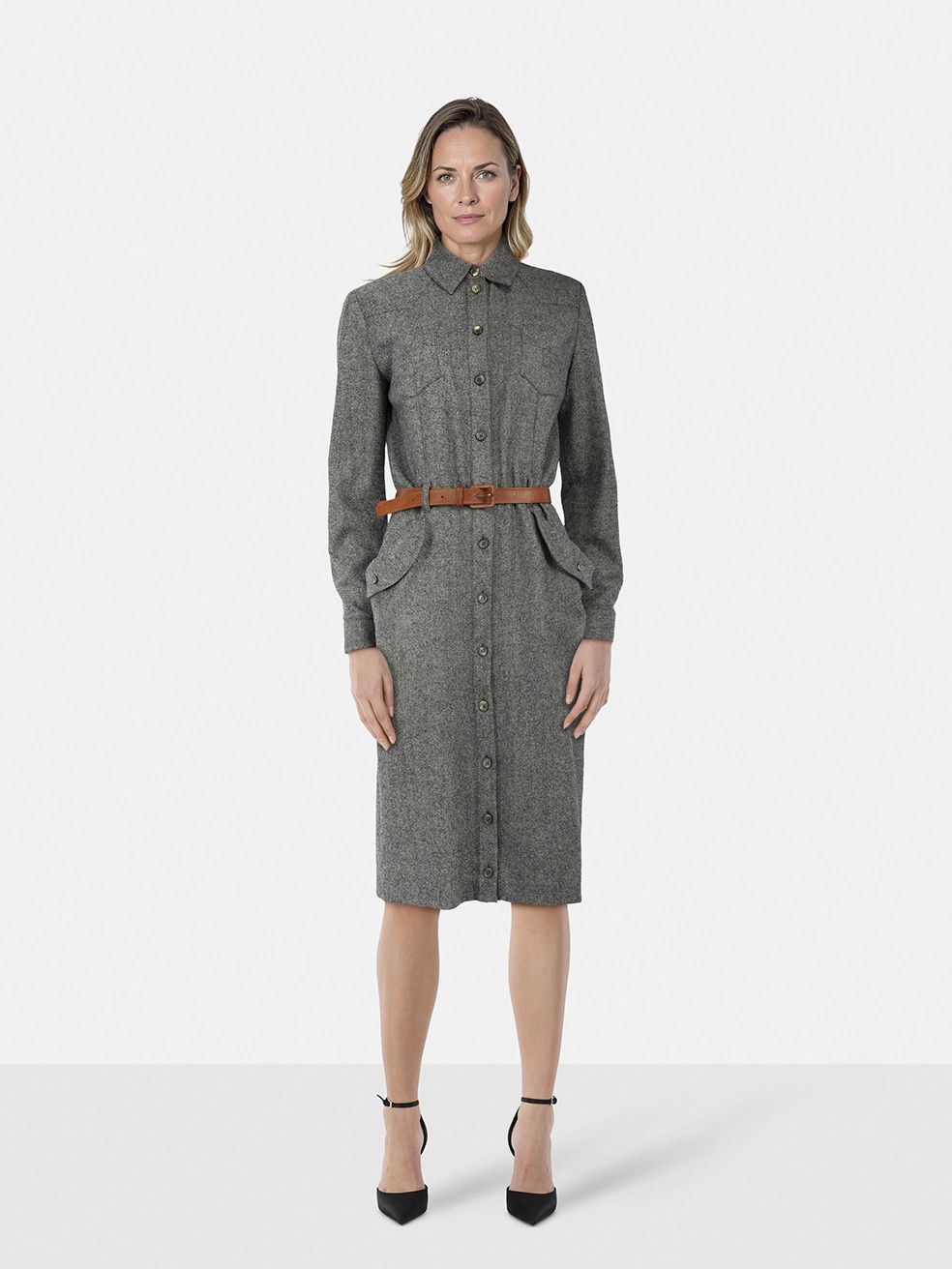 Grey Wool Belted Shirt Dress