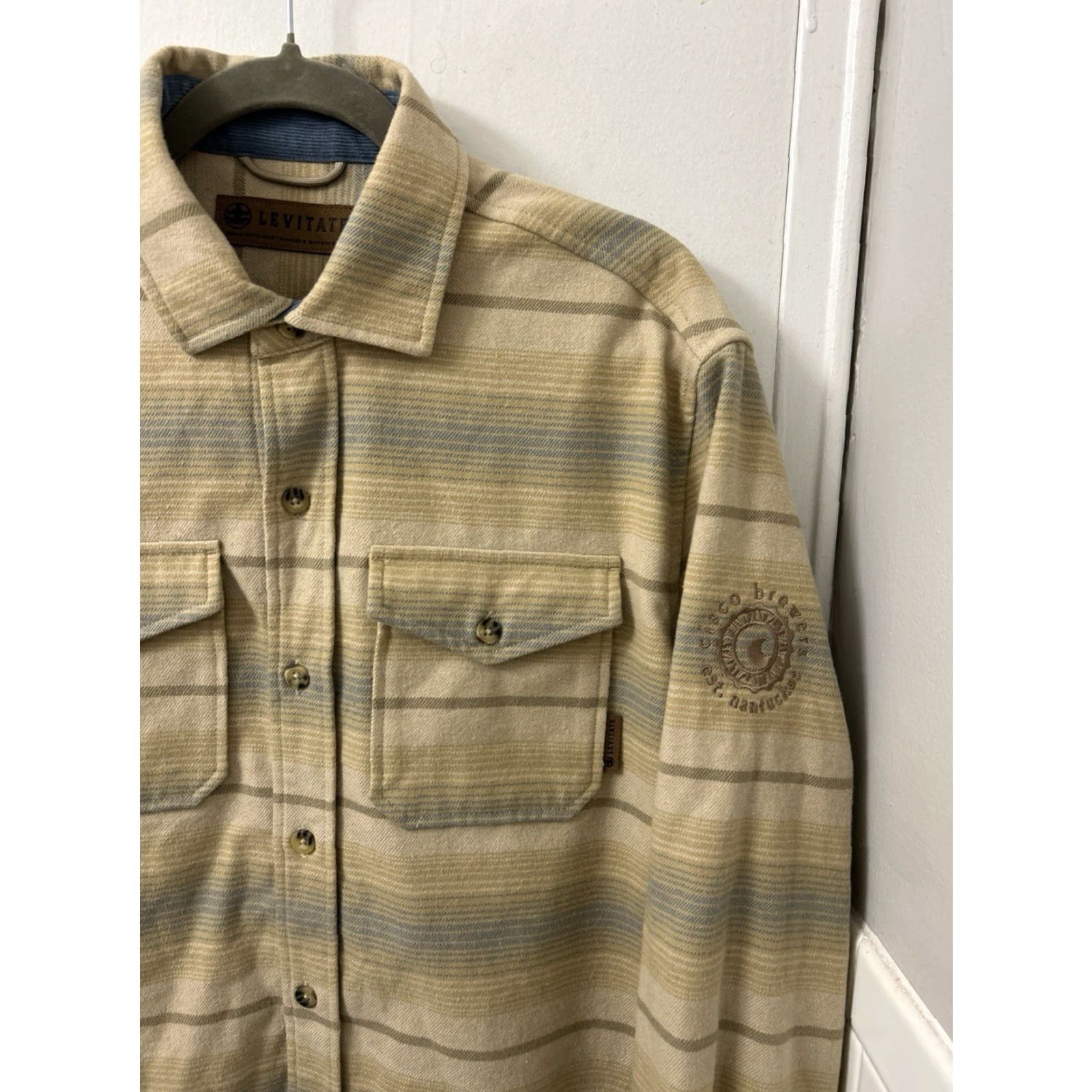 Vintage Levitate Shirt Mens M Tan Blue Striped Flannel Button-Down L/S Organic Cotton Recycled Polyester Pocket Embroidered Vintage: No Size US M / EU 48-50 / 2 - 4 Thumbnail