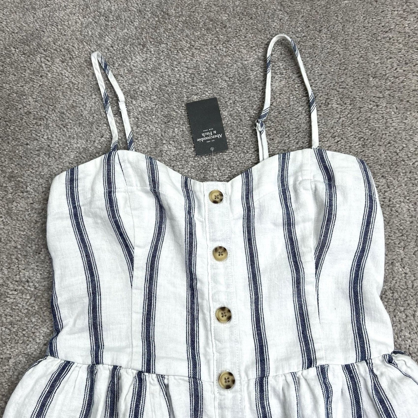 Abercrombie & Fitch VINTAGE Abercrombie Fitch Dress XSP White Blue Stripe Linen Blend Pockets Lined Knee NWT Size XS / US 0-2 / IT 36-38 - 3 Thumbnail