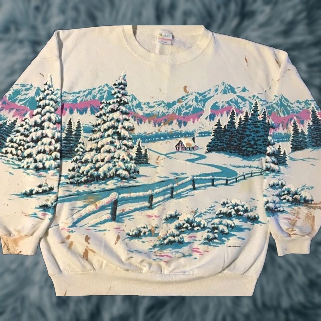 Vintage VINTAGE 90s Snow Mountain Faded Distressed AOP Puff Print Boxy Fit Sweatshirt White M Hoodie Mens US All Over Print Snowboard Grunge Ski Art Size US M / EU 48-50 / 2 - 1 Thumbnail