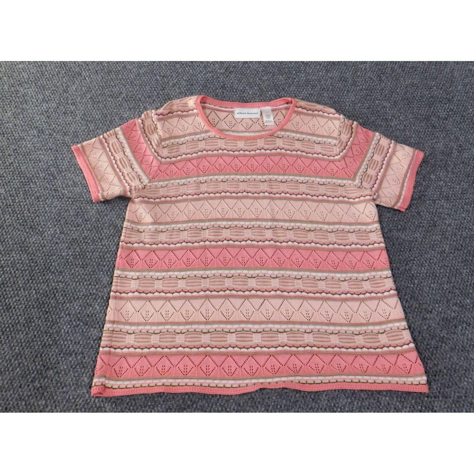 Vintage Alfred Dunner Sweater Pink Raglan Short Sleeve Round Neck Pullover Knit Acrylic Rayon Casual Large L Women Regular Modern Knit Striped Stretch Size L / US 10 / IT 46 - 2 Thumbnail