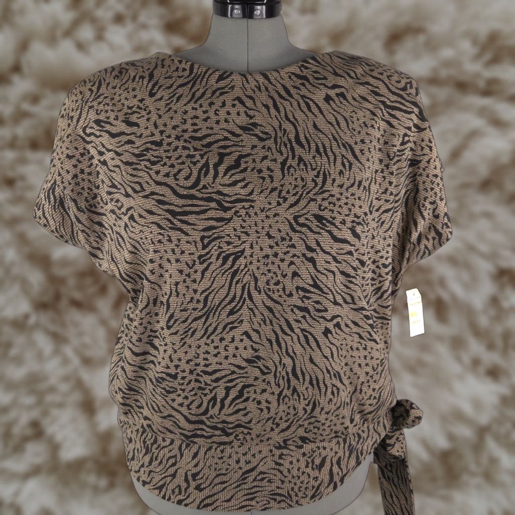VINTAGE Lady Carol 3X Black Zebra Knit Sweater Short Sleeve Pullover Plus Size Dolman Shoulder Pads Tie Waist All Seasons Mens Womens Girls Boys