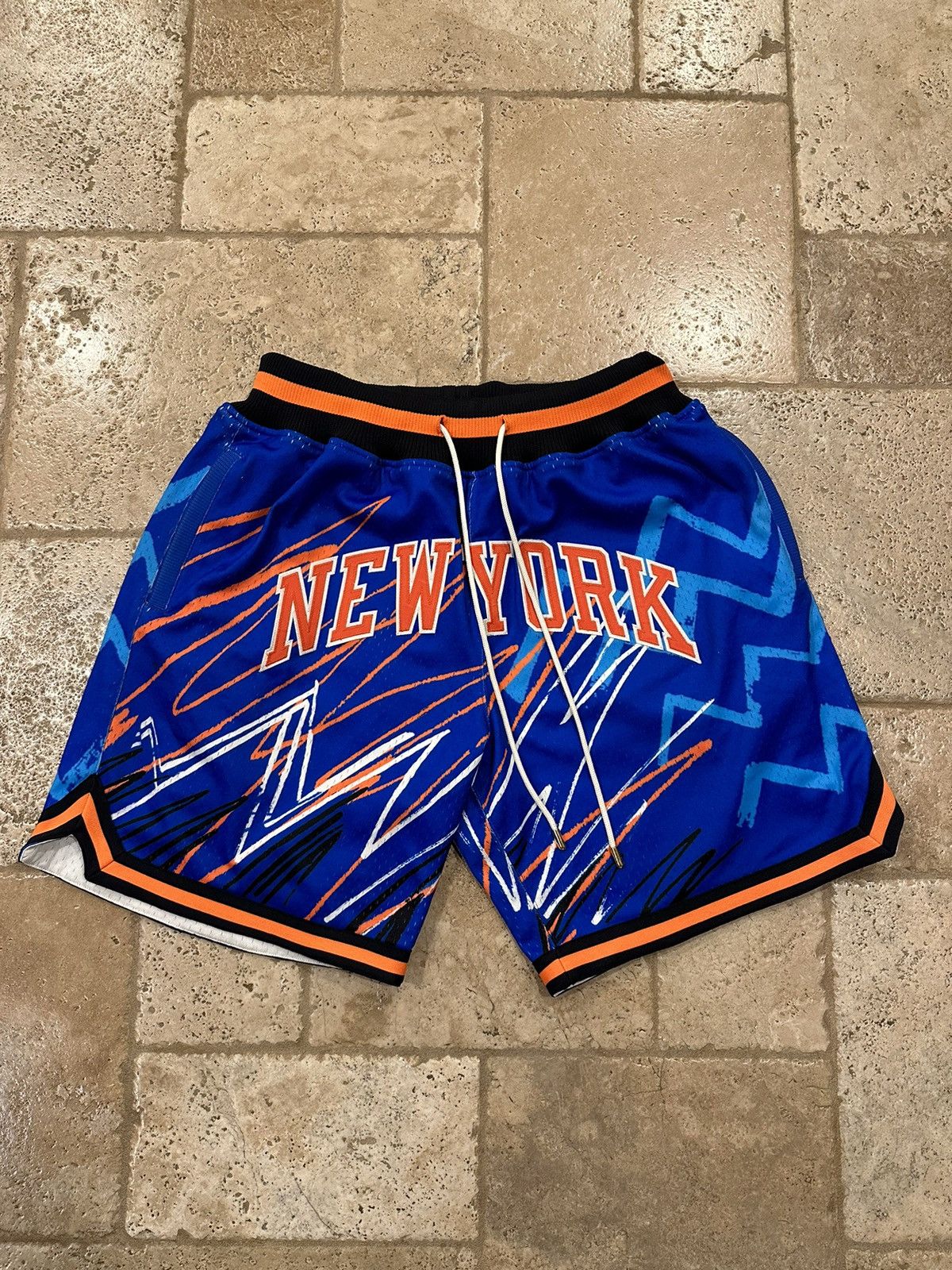 Image of Just Don X Mitchell & Ness New York Knicks Scribble Shorts in Blue, Men's (Size 34)