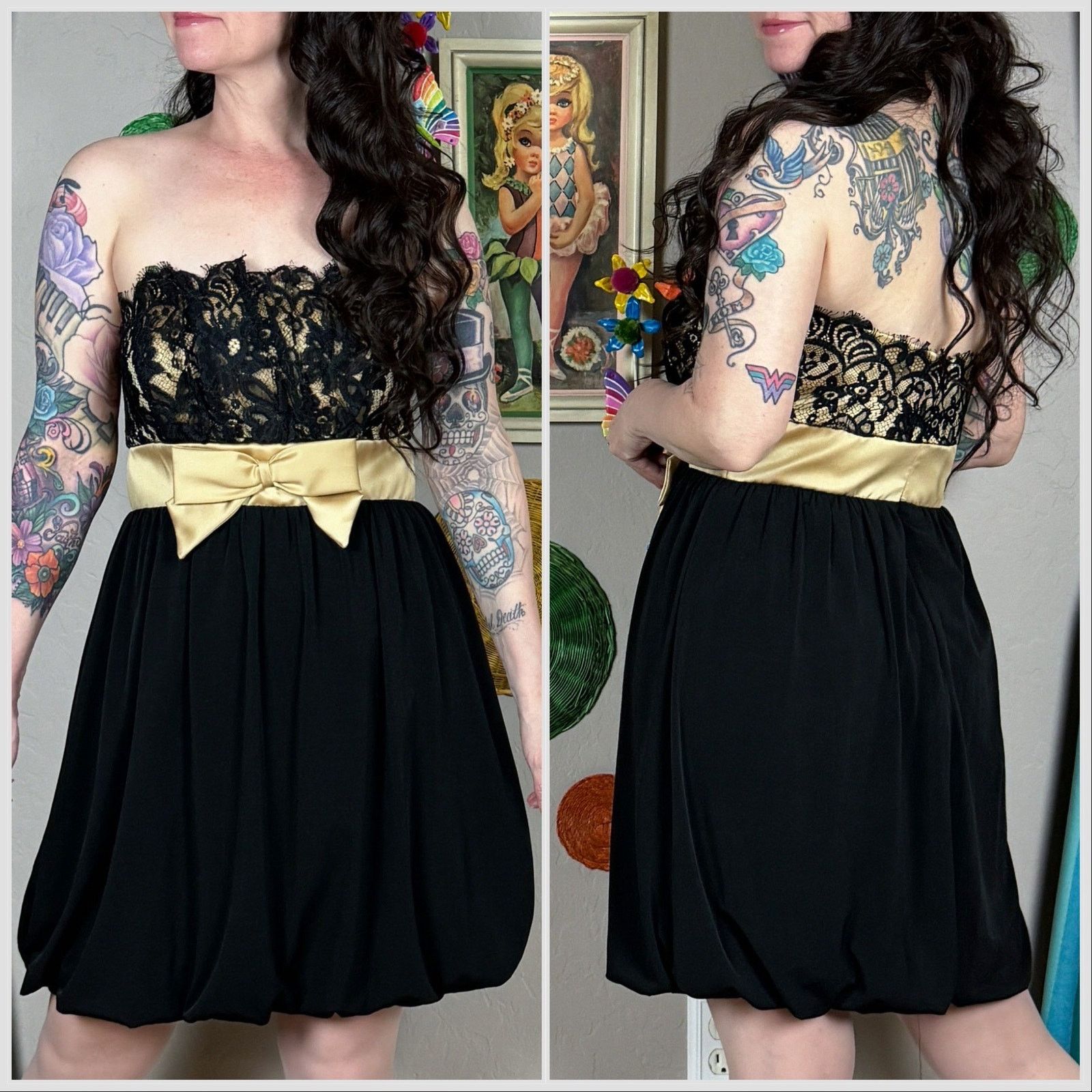Vintage Y2K Black and Gold Satin and Lace Bubble Hem Mini Prom Dress Size S / US 4 / IT 40 - 3 Thumbnail