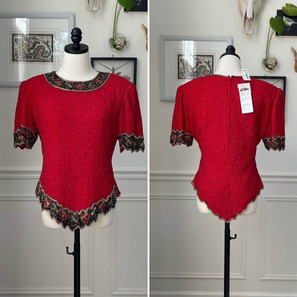 Other NWT NOS Laurence Kazar Beaded Sequin Short Sleeve Silk Top R Size L / US 10 / IT 46 - 1 Thumbnail