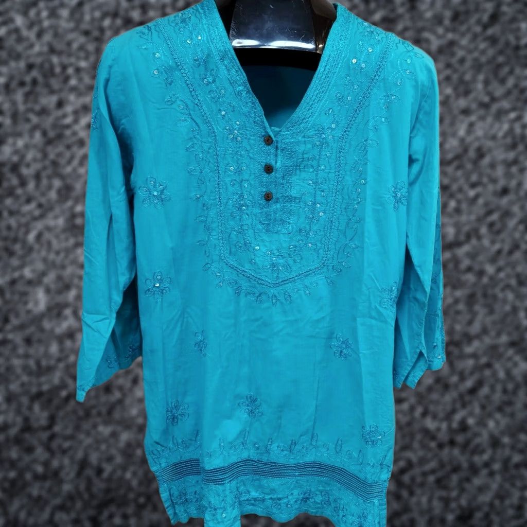 Doublet Double Decker Womens Tunic Top Floral Embroidered 3/4 Sleeve Turquoise One Size Size ONE SIZE - 1 Thumbnail