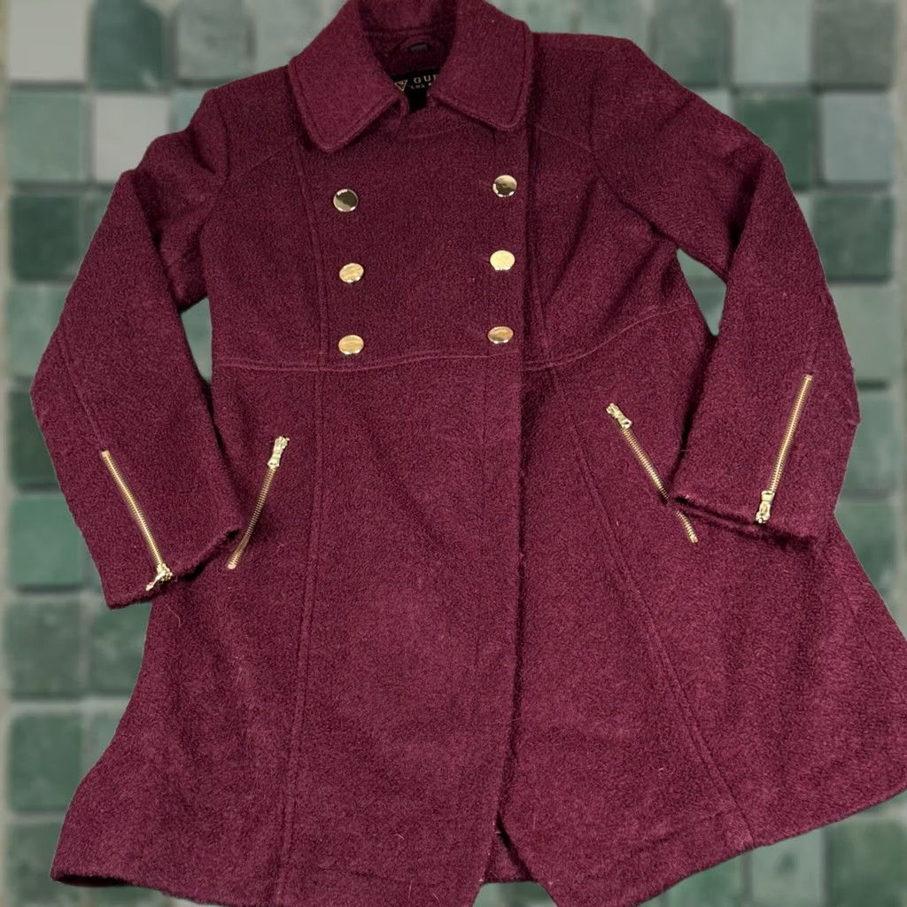 Guess VINTAGE? No — Guess Wool Blend Pea Coat L Womens Burgundy Floral Lining Button Closure Zippered Sleeves Mid-Length Winter Outerwear Coat Size L / US 10 / IT 46 - 1 Thumbnail