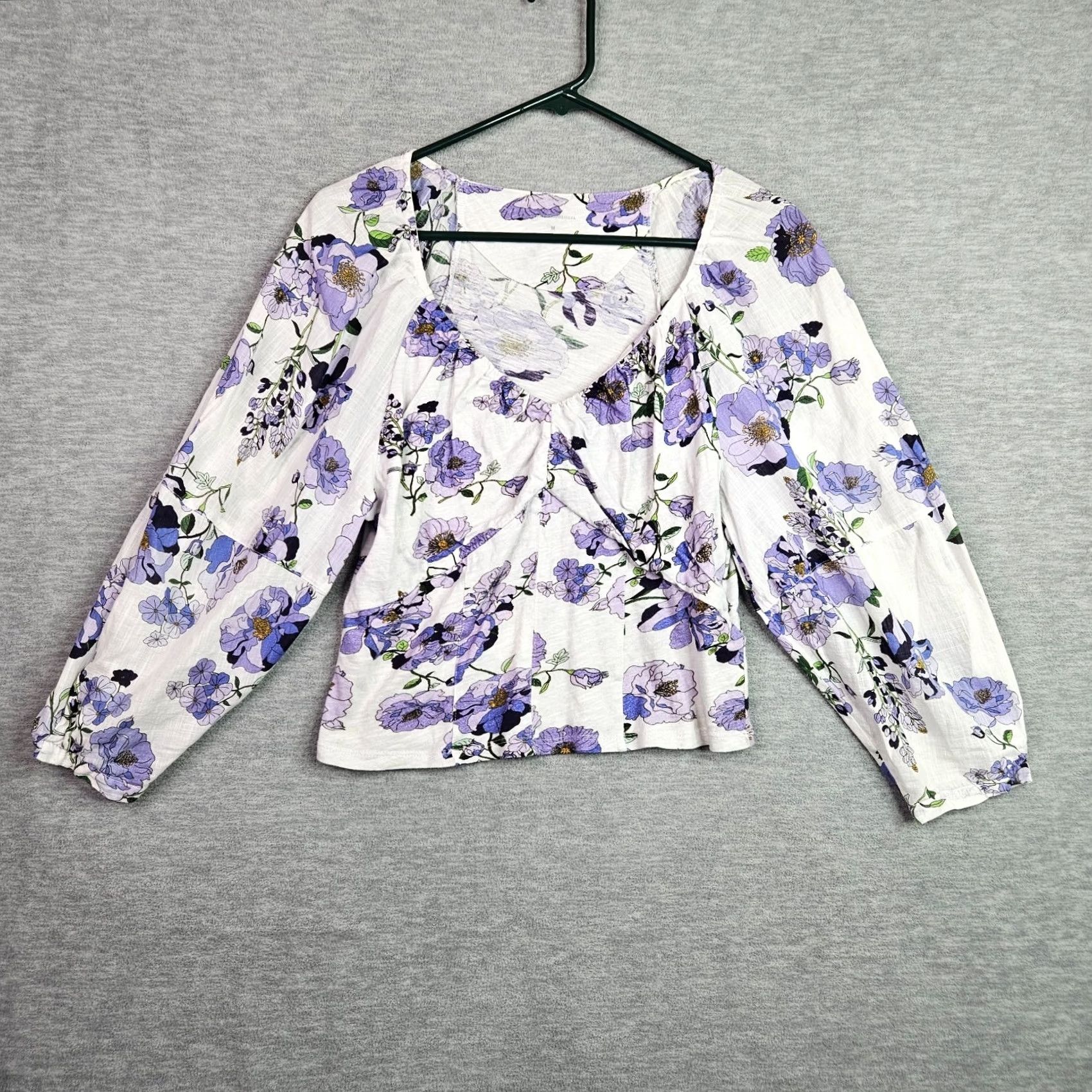 Vintage Maeve Women’s V-neck Ruched Knit Purple Floral Peplum Top M, 3/4 Sleeve, Cotton Blend, Regular Fit, All Seasons, Machine Washable, Blouse Size M / US 6-8 / IT 42-44 - 2 Thumbnail