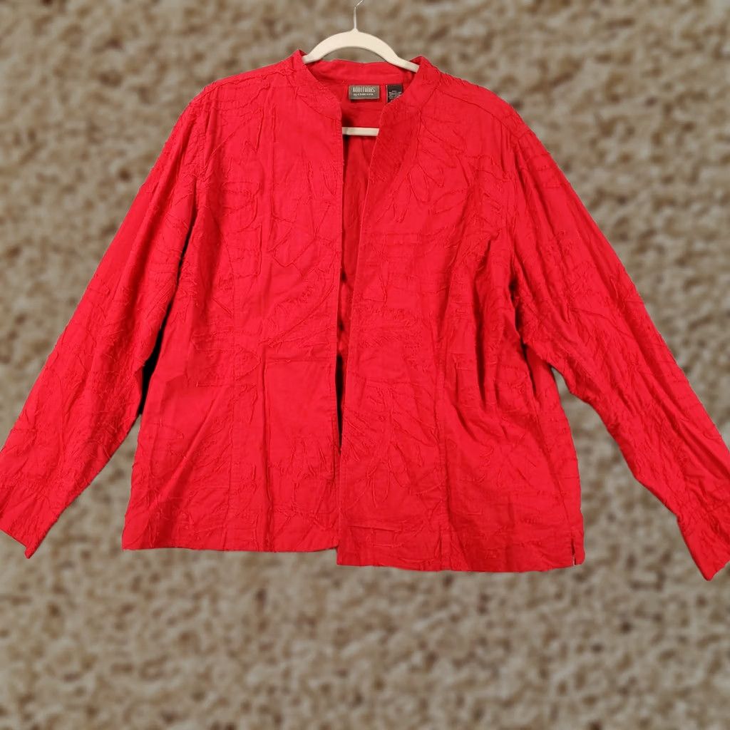 Vintage Chicos Jacket Womens XL Red Embroidered Floral Textured Open Front Artsy Size XL / US 12-14 / IT 48-50 - 1 Thumbnail