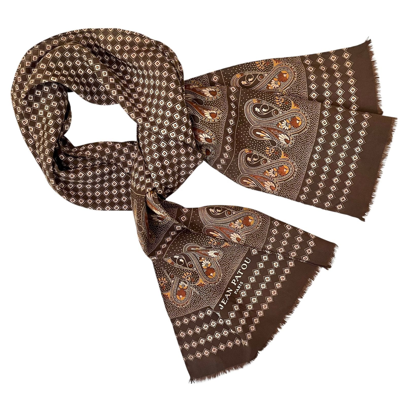 Patou × Vintage Jean Patou Vintage Earth-Tone Paisley Fringe Silk Scarf Size ONE SIZE - 6 Thumbnail